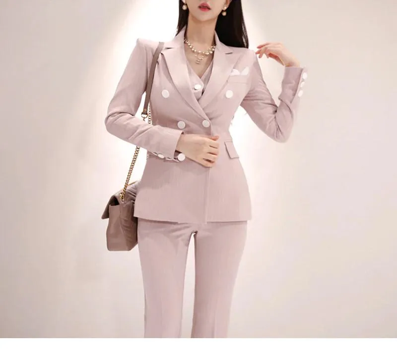 3-Piece Double-Breasted Patchwork Slim Blazer High Waist Women’s Suit