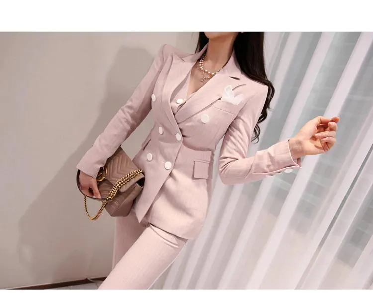 3-Piece Double-Breasted Patchwork Slim Blazer High Waist Women’s Suit