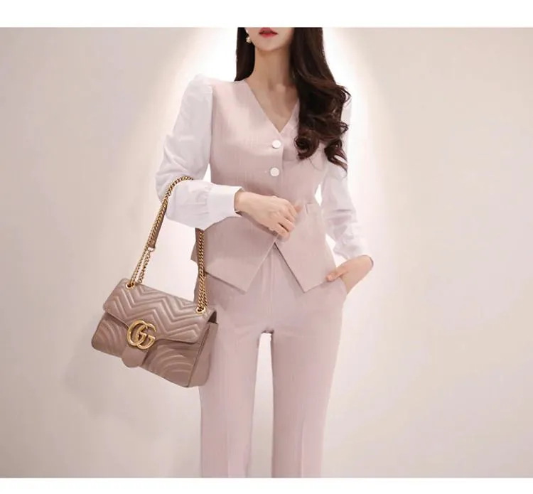 3-Piece Double-Breasted Patchwork Slim Blazer High Waist Women’s Suit