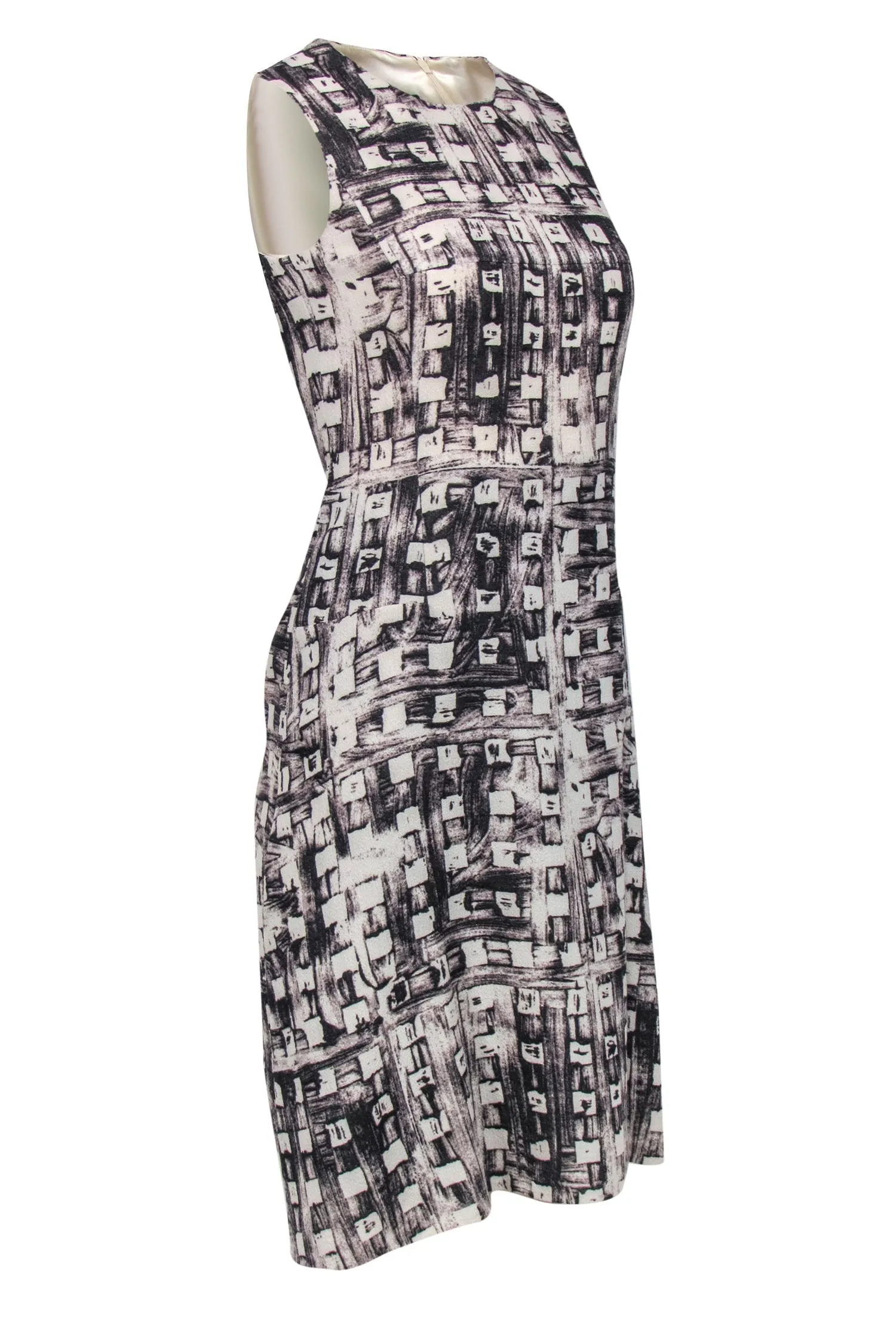 Akris - Beige & Black Abstract Print Sleeveless Wool A-Line Dress Sz 4