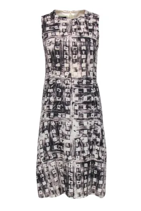 Akris - Beige & Black Abstract Print Sleeveless Wool A-Line Dress Sz 4