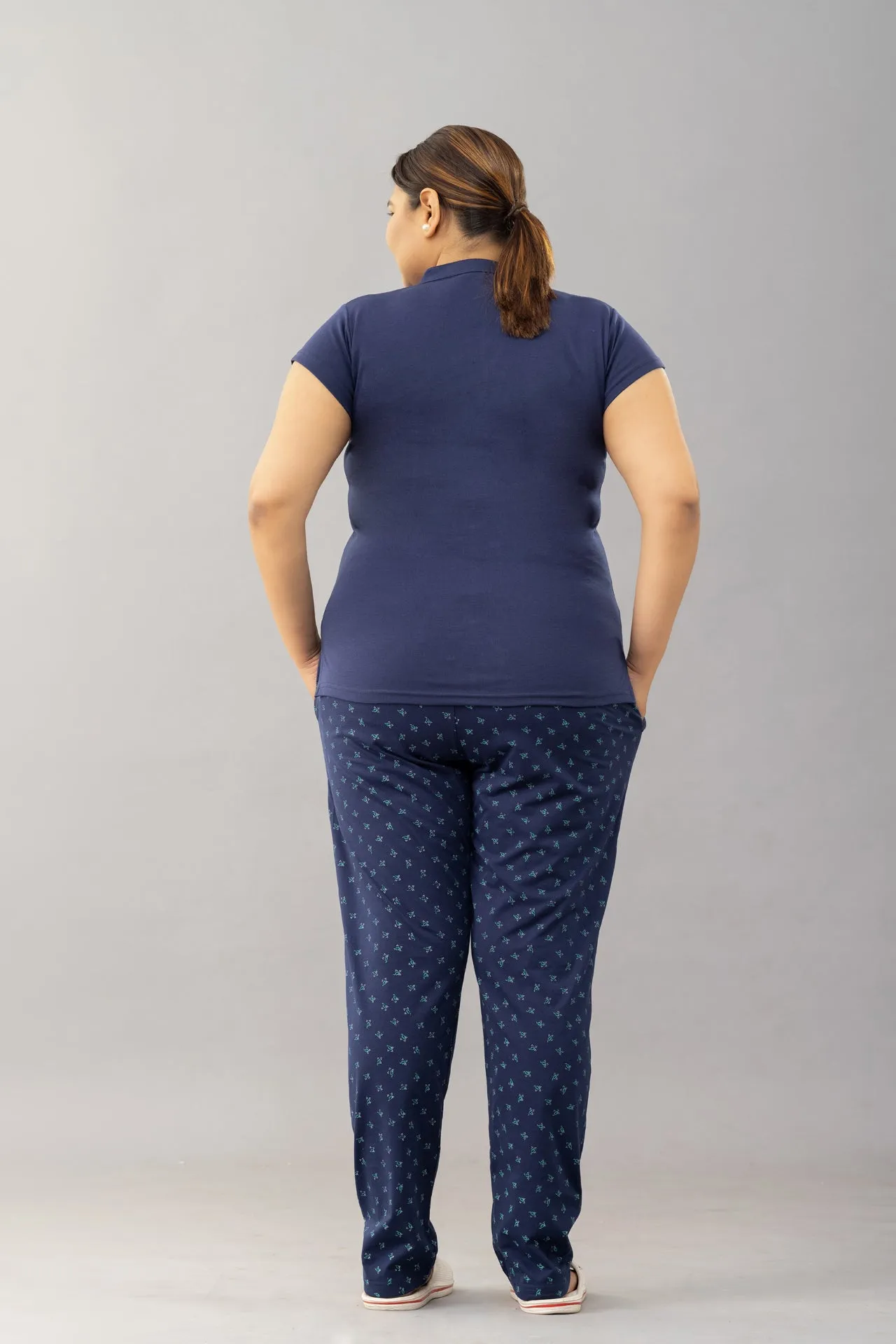 All Day Night Printed Cotton Pants For Women - Navy Blue