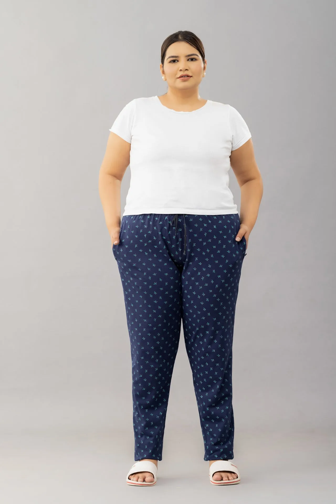 All Day Night Printed Cotton Pants For Women - Navy Blue