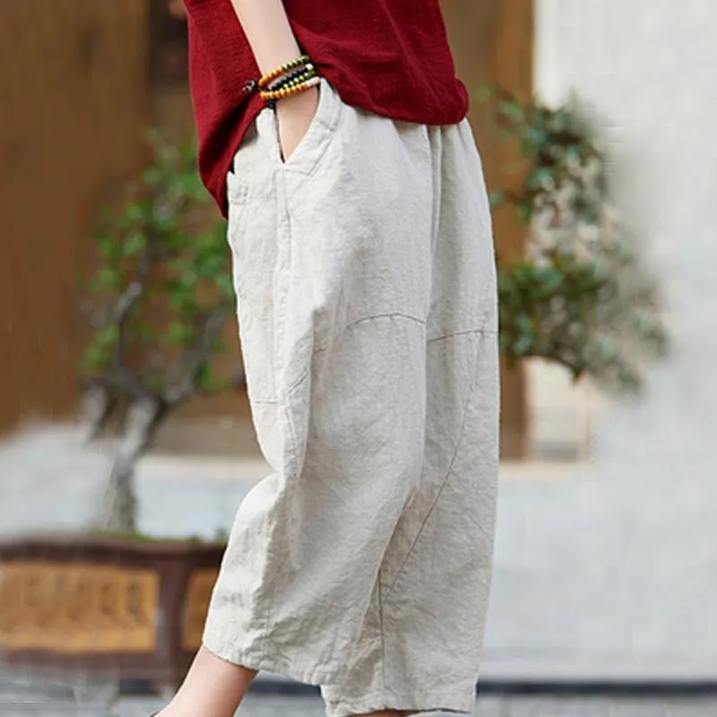 Babakud Cotton Linen Pockets Casual Bloom Pants