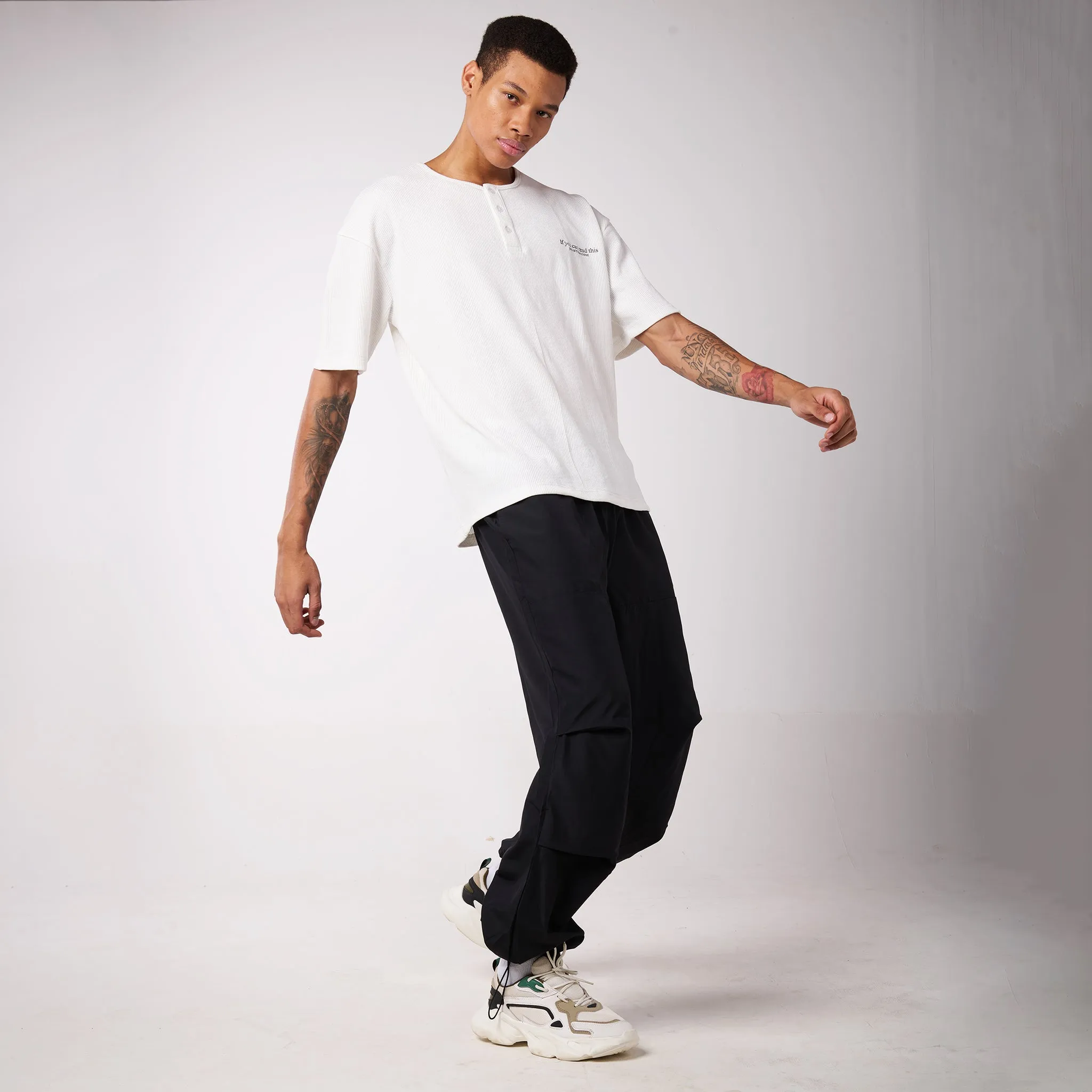 Black Air Parachute Pants & White Textured knit Tee Set for Men