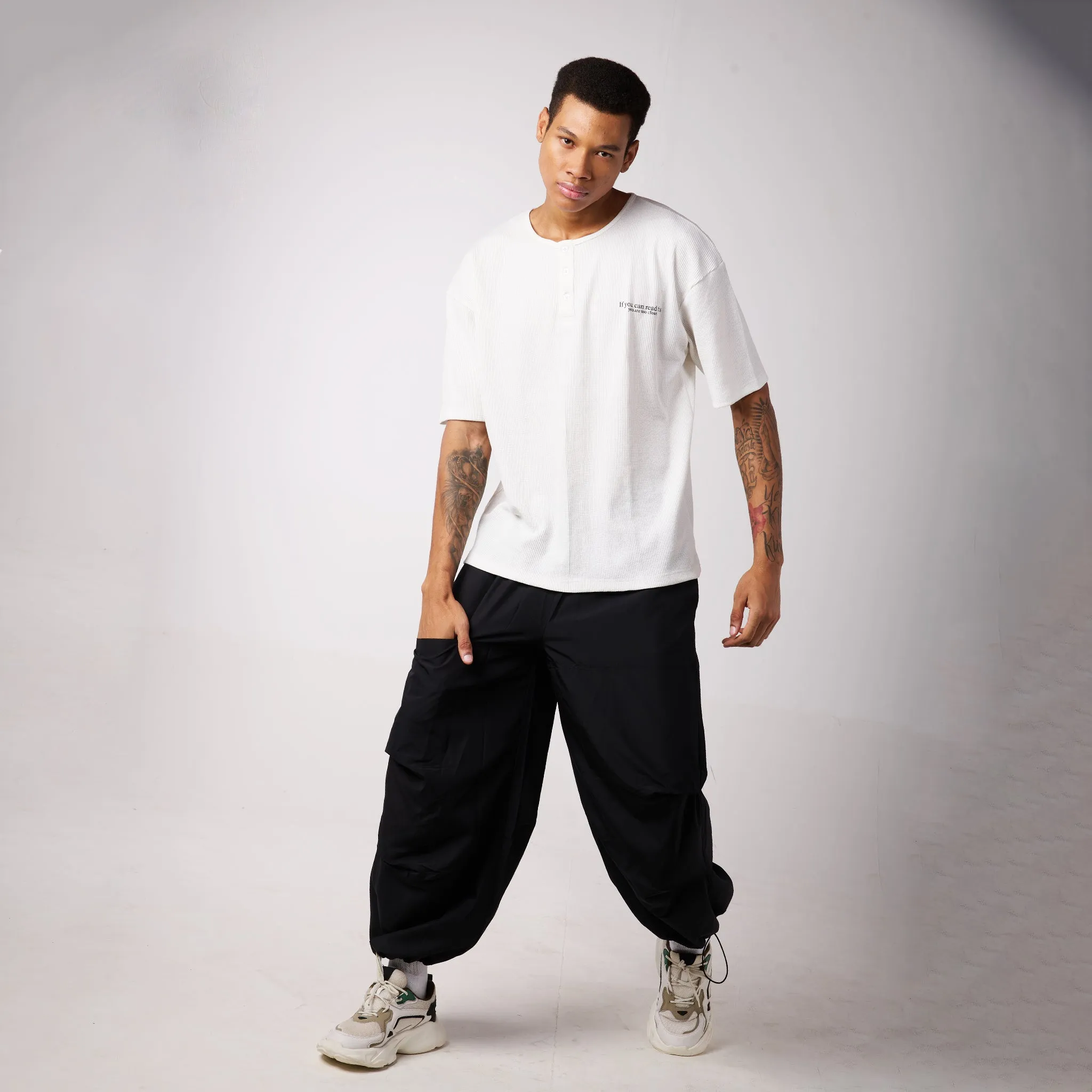 Black Air Parachute Pants & White Textured knit Tee Set for Men