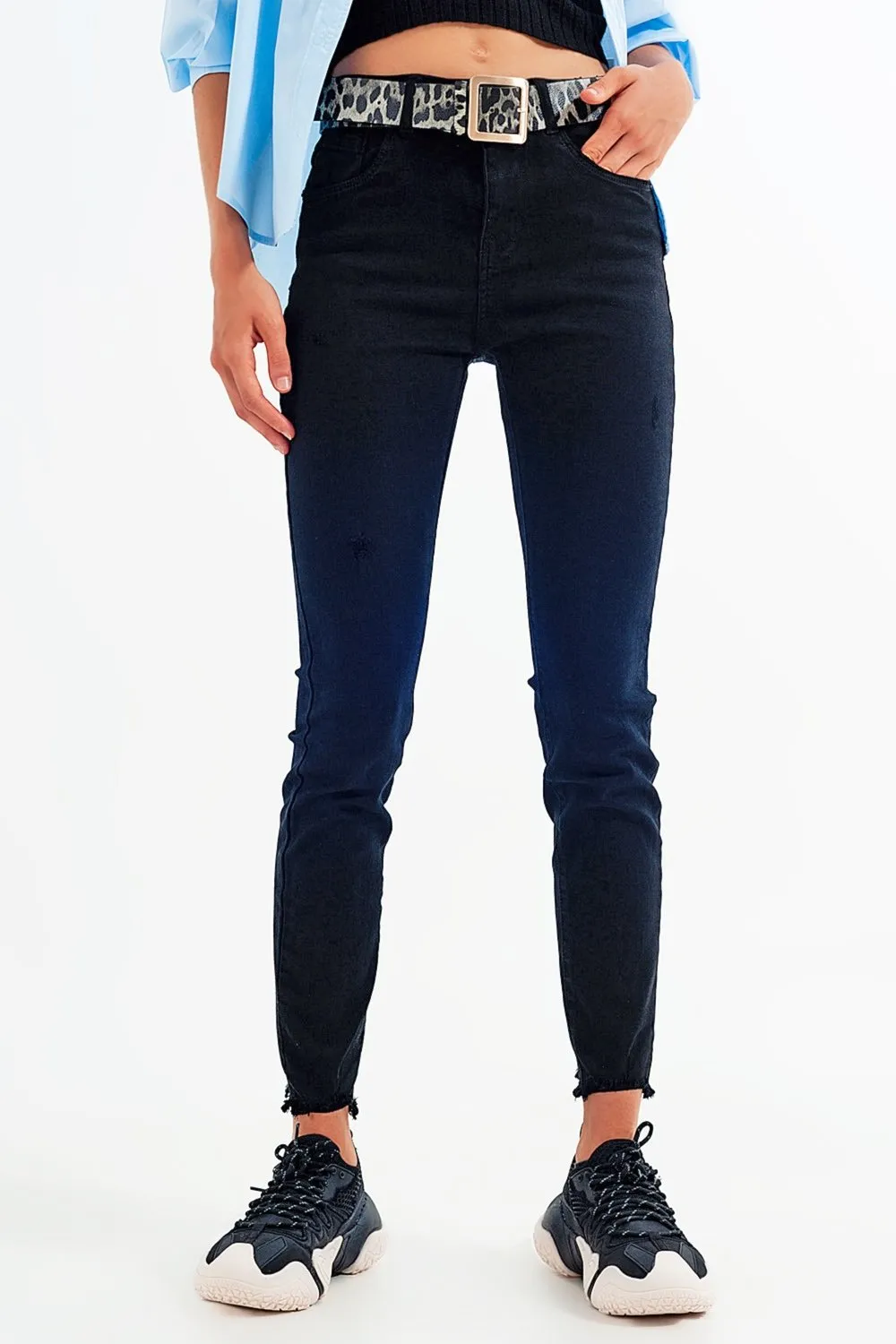 Black Jagged Hem Skinny Stretch Jeans