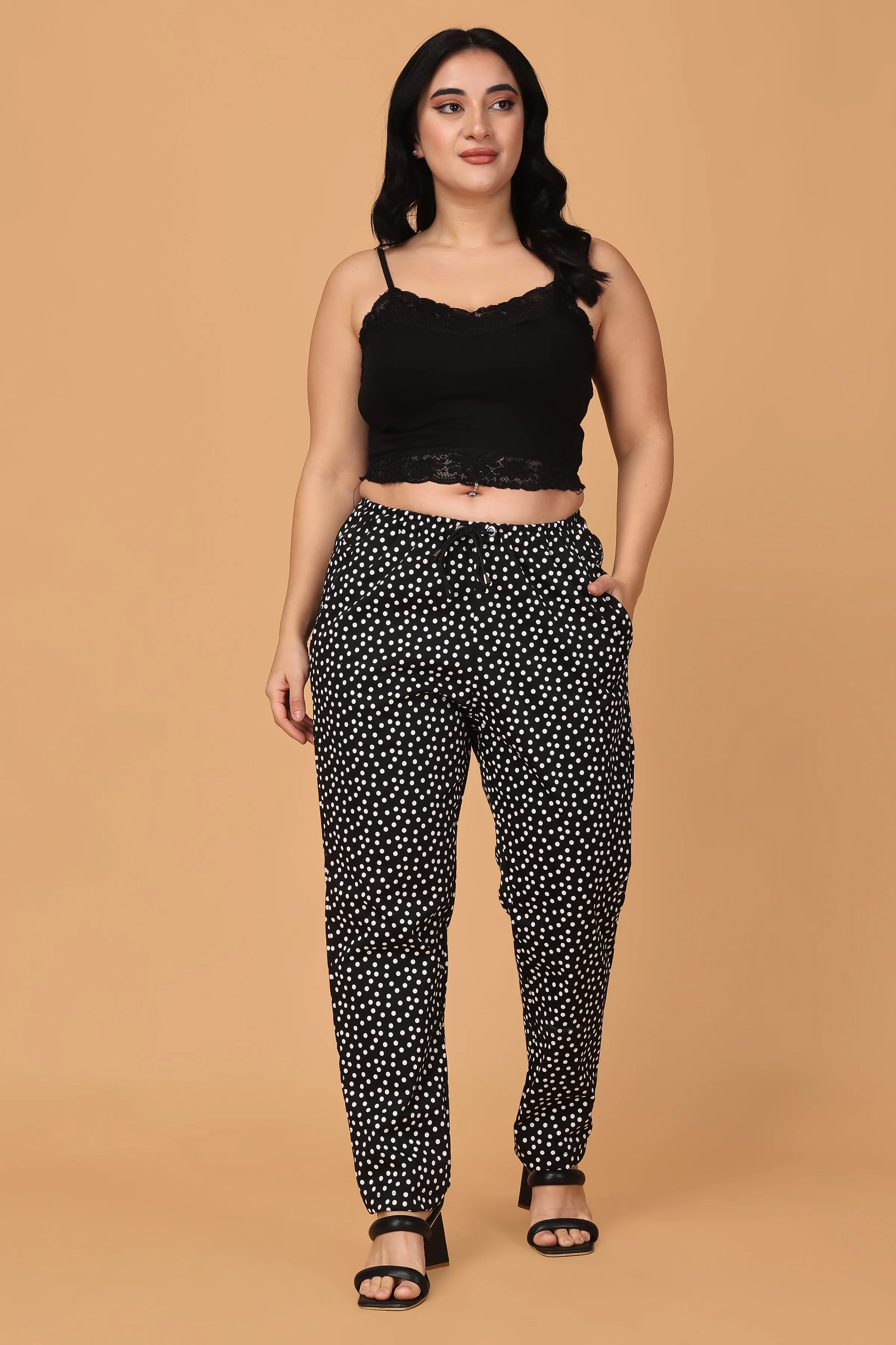 Black Polka Poplin Lycra Pants