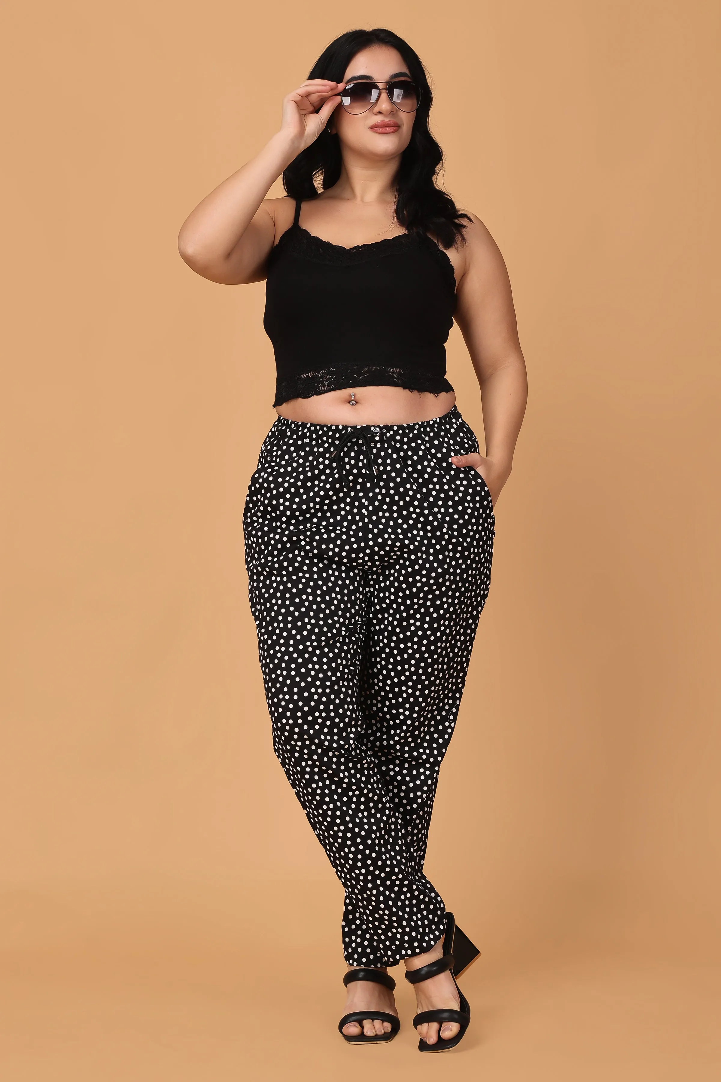 Black Polka Poplin Lycra Pants