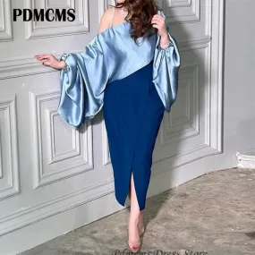 Blue Satin Mermaid Evening Vintage Long Puff Sleeves Dress 070611969 M