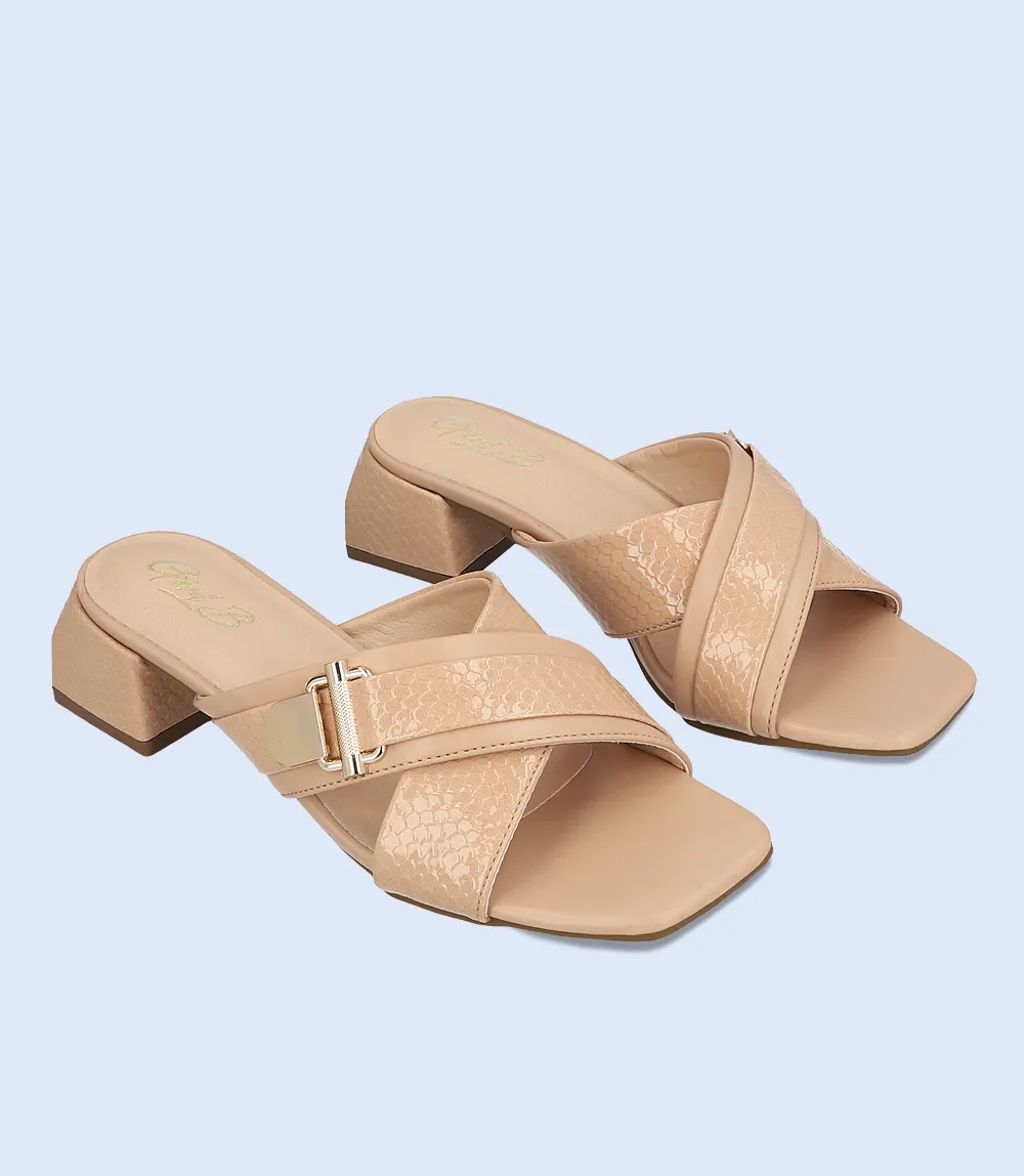 BW7327-BEIGE-Women Casual Slipper Heels