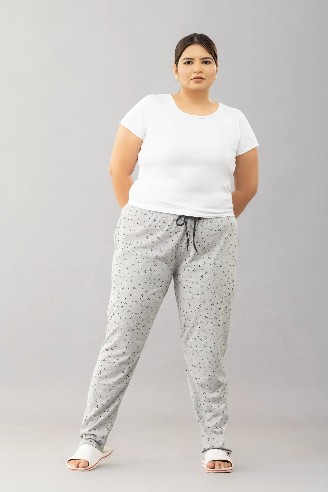 Cotton Printed All Day Night Pants For Women - Grey