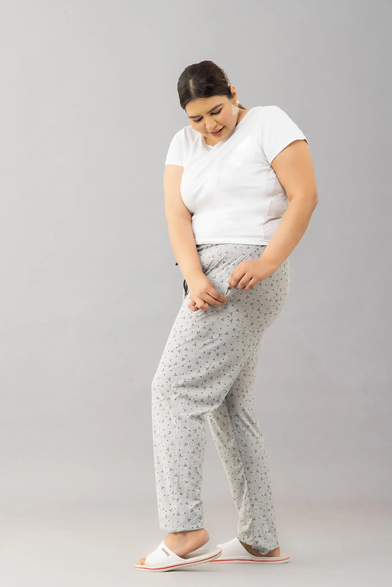 Cotton Printed All Day Night Pants For Women - Grey