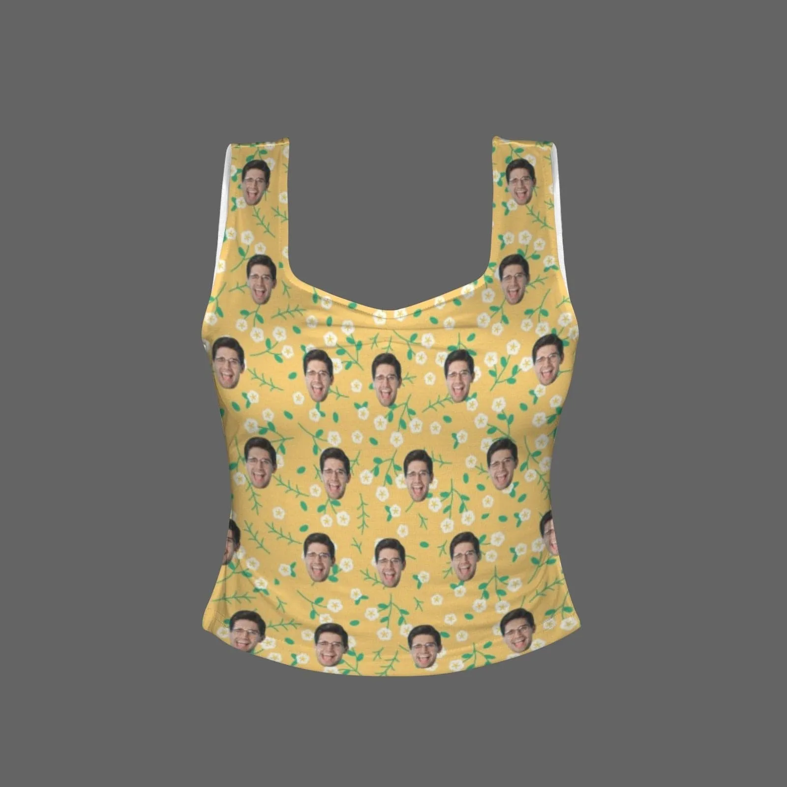 Custom Face Yellow Flowers Top Personalized Women's Square Neck Backless Ruched Side Split Crop Tank Tops