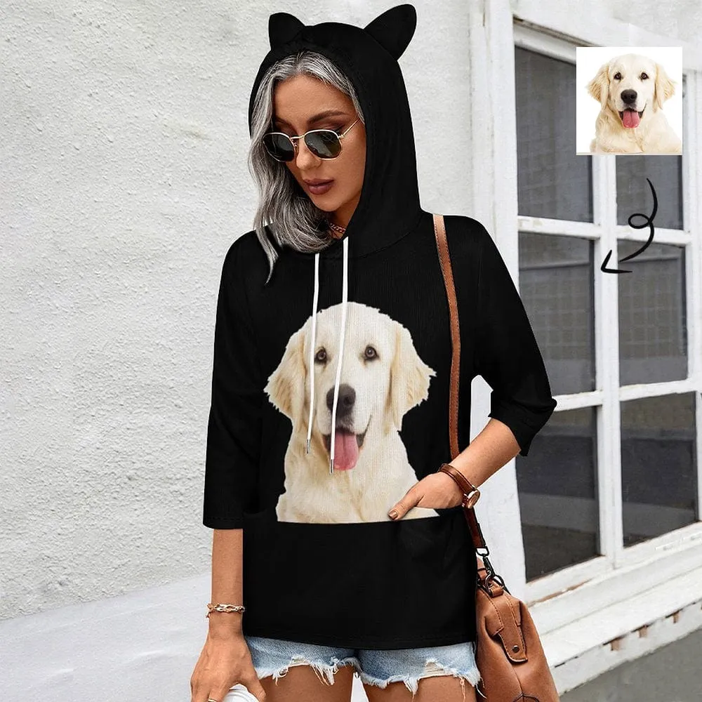 Custom Pet Face Hoodie Three Quarter Sleeve CoolHoodieDesigns Women's Cat Ear Hooded Pullover