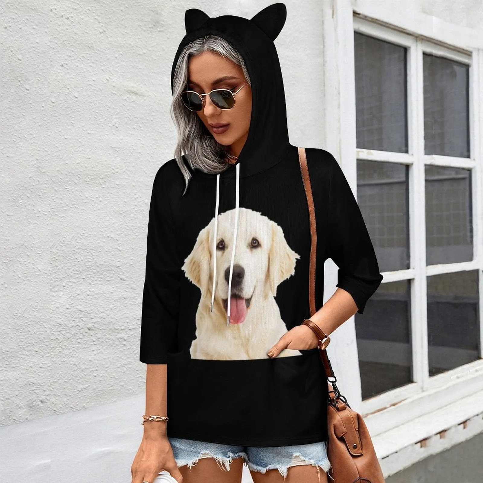 Custom Pet Face Hoodie Three Quarter Sleeve CoolHoodieDesigns Women's Cat Ear Hooded Pullover