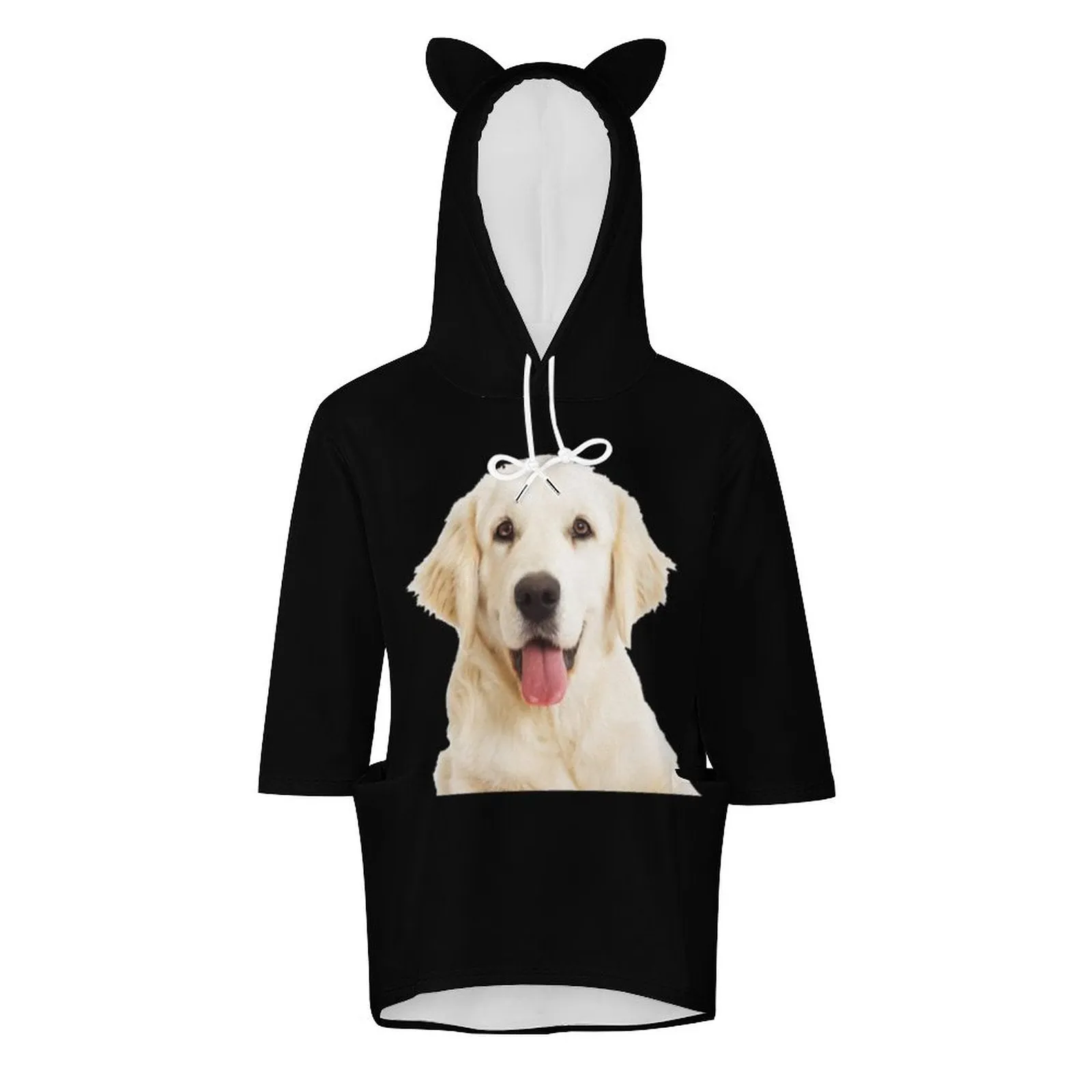 Custom Pet Face Hoodie Three Quarter Sleeve CoolHoodieDesigns Women's Cat Ear Hooded Pullover