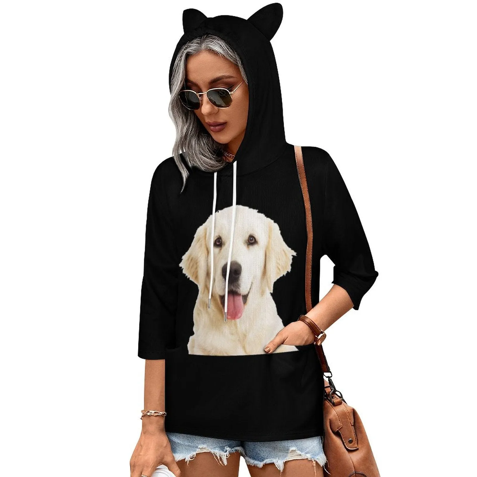 Custom Pet Face Hoodie Three Quarter Sleeve CoolHoodieDesigns Women's Cat Ear Hooded Pullover