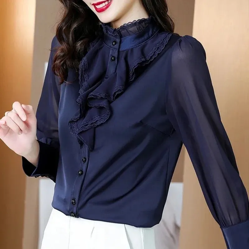 Elegant Lace Chiffon Women Blouse Fashion New Ruffle Shirt 3XL S4942706