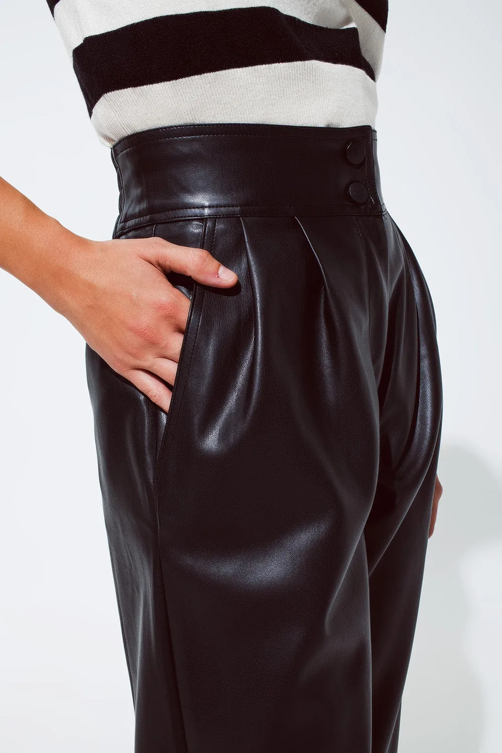 Faux Leather Pants with Pleats and Elastic Waist