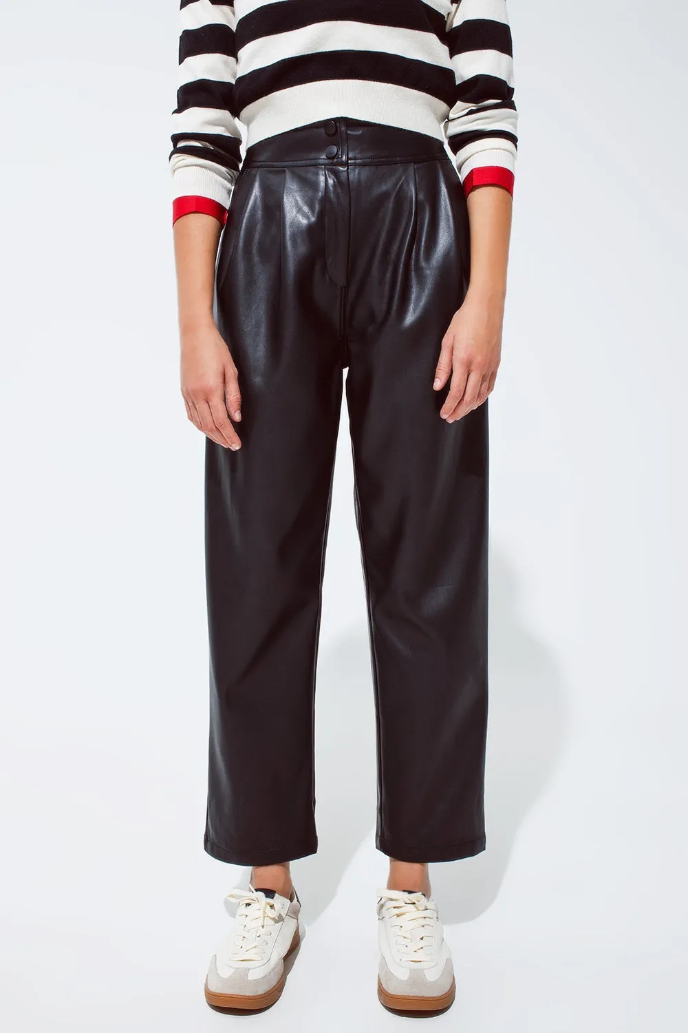 Faux Leather Pants with Pleats and Elastic Waist