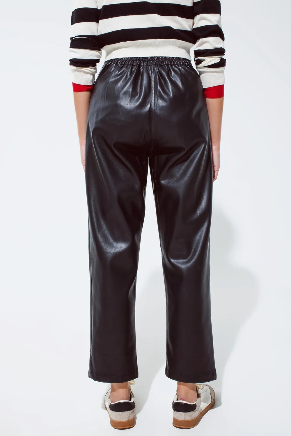 Faux Leather Pants with Pleats and Elastic Waist