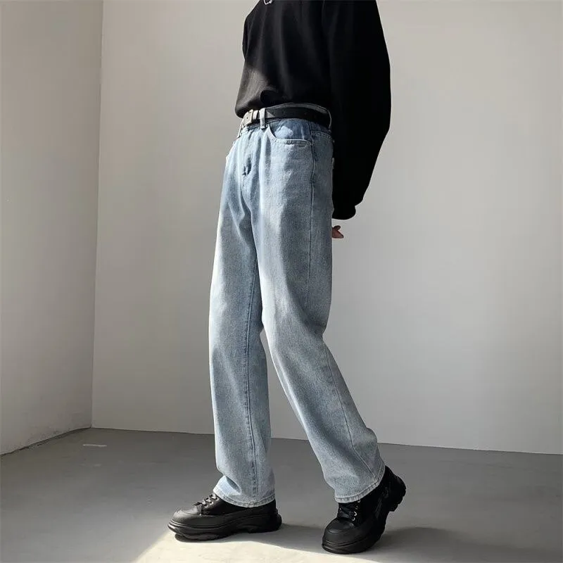 Foesce -Korean Men's Baggy Homme Casual Pants Classic Cargo Pocket Blue/black Color Jeans Biker Denim Oversized Trousers M-2XL