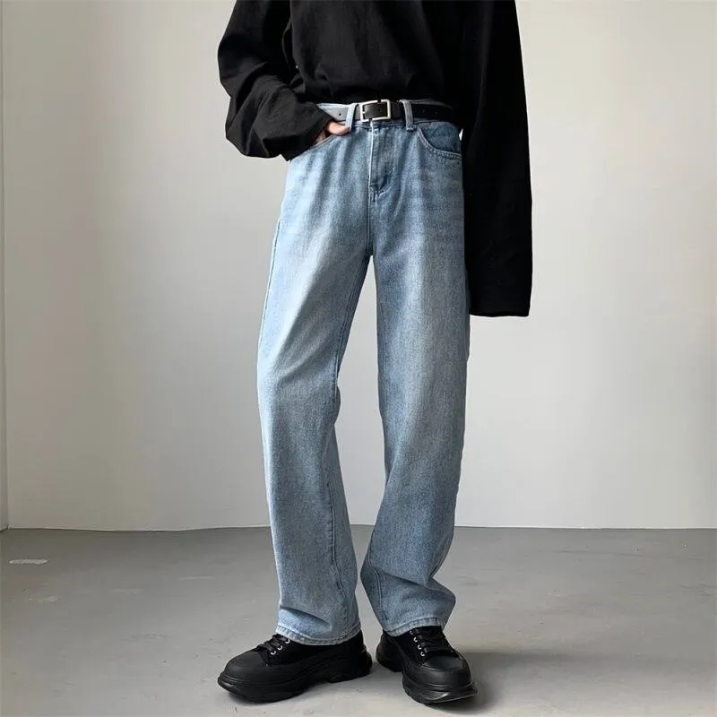 Foesce -Korean Men's Baggy Homme Casual Pants Classic Cargo Pocket Blue/black Color Jeans Biker Denim Oversized Trousers M-2XL