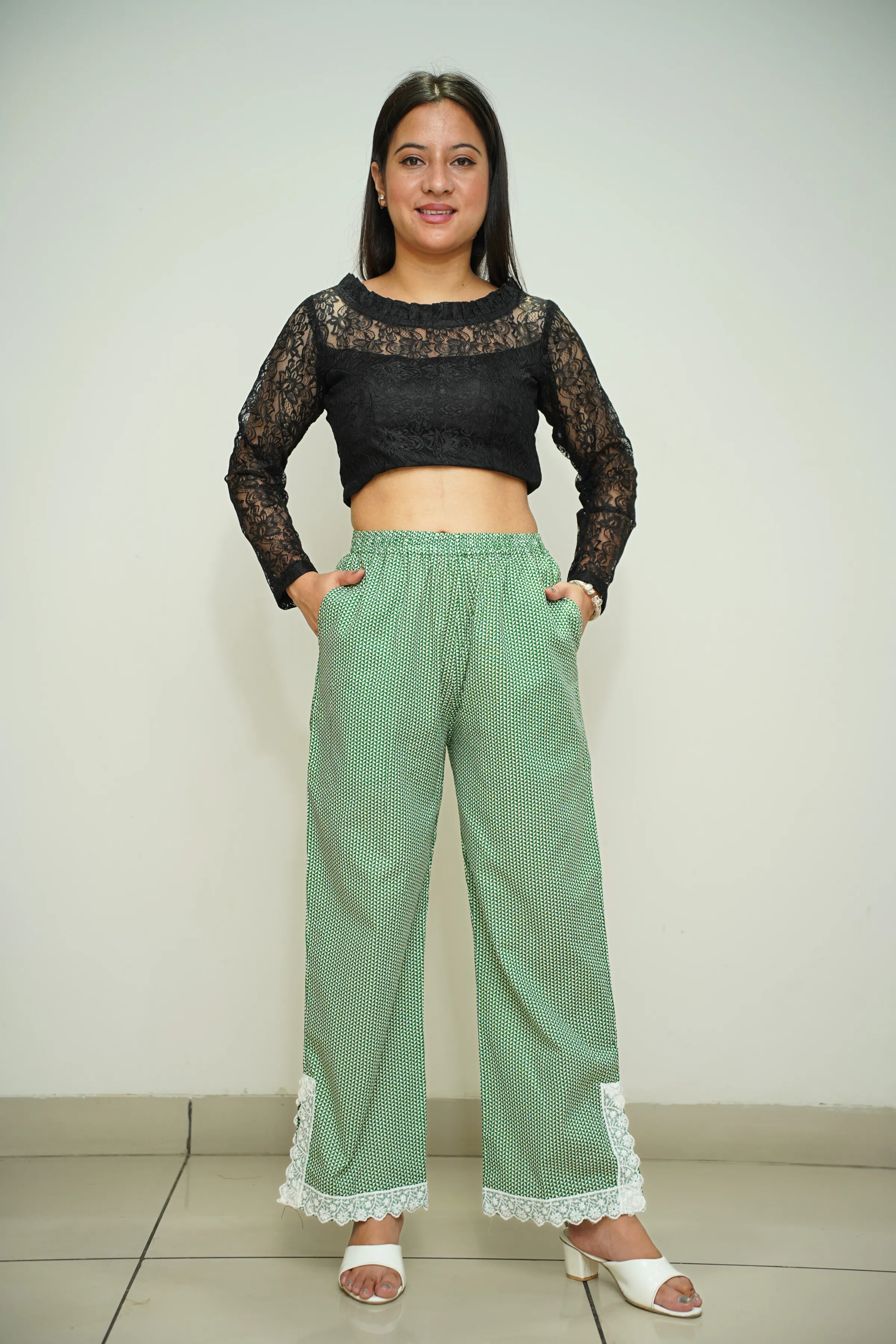 Green Printed Detailed Cotton Pants