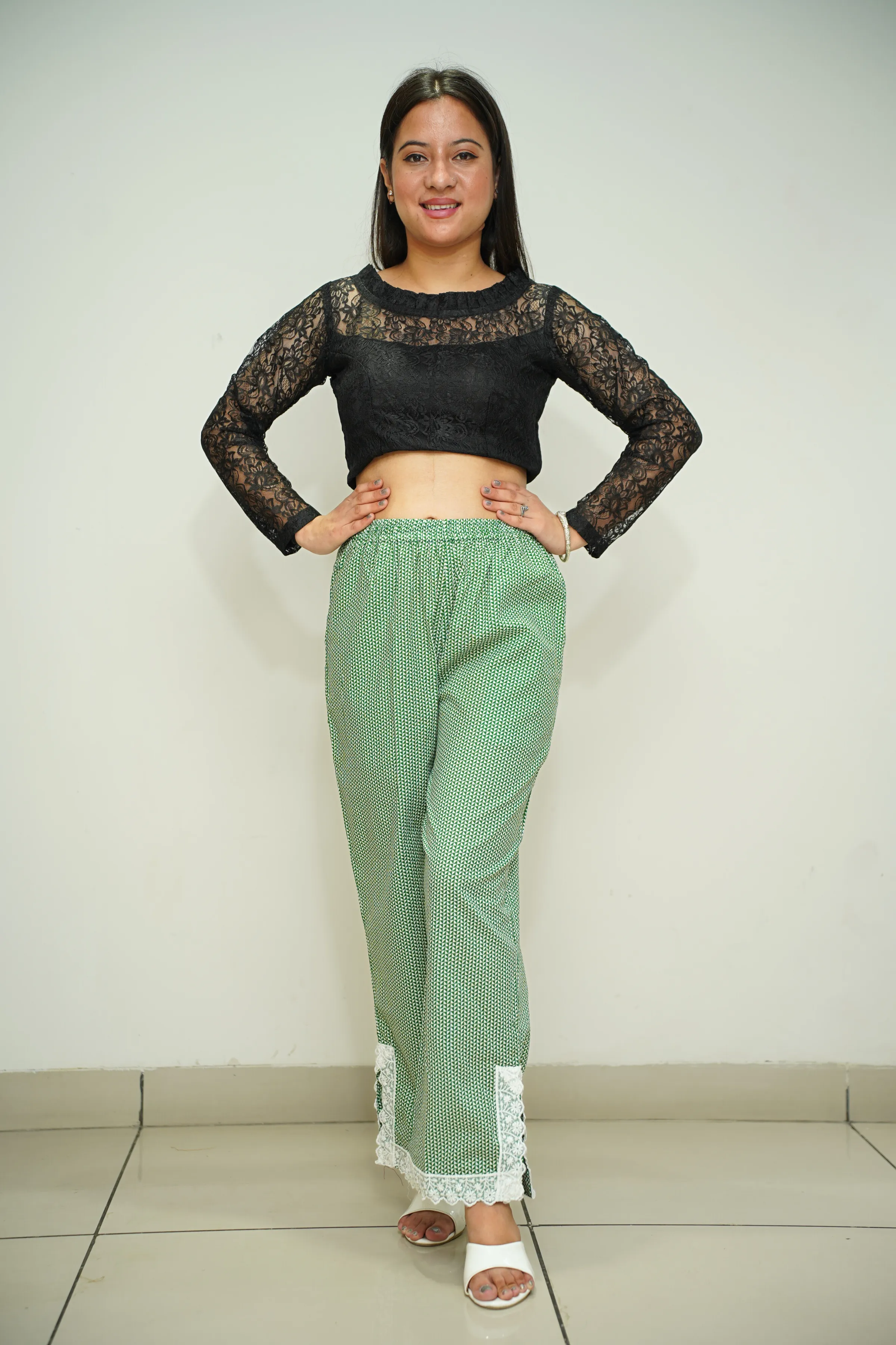 Green Printed Detailed Cotton Pants