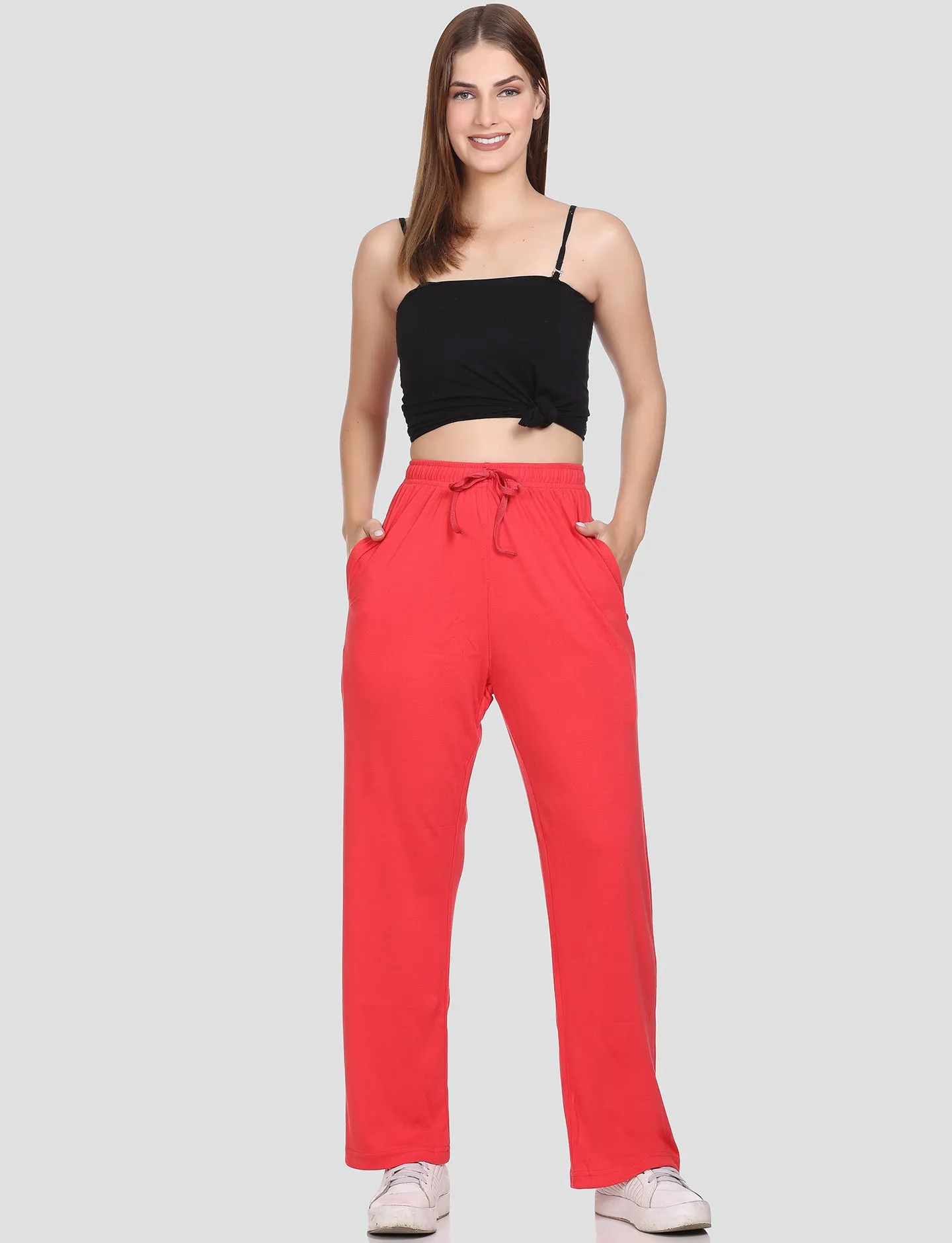 High Rise Cotton Straight Crimson Red Trackpants