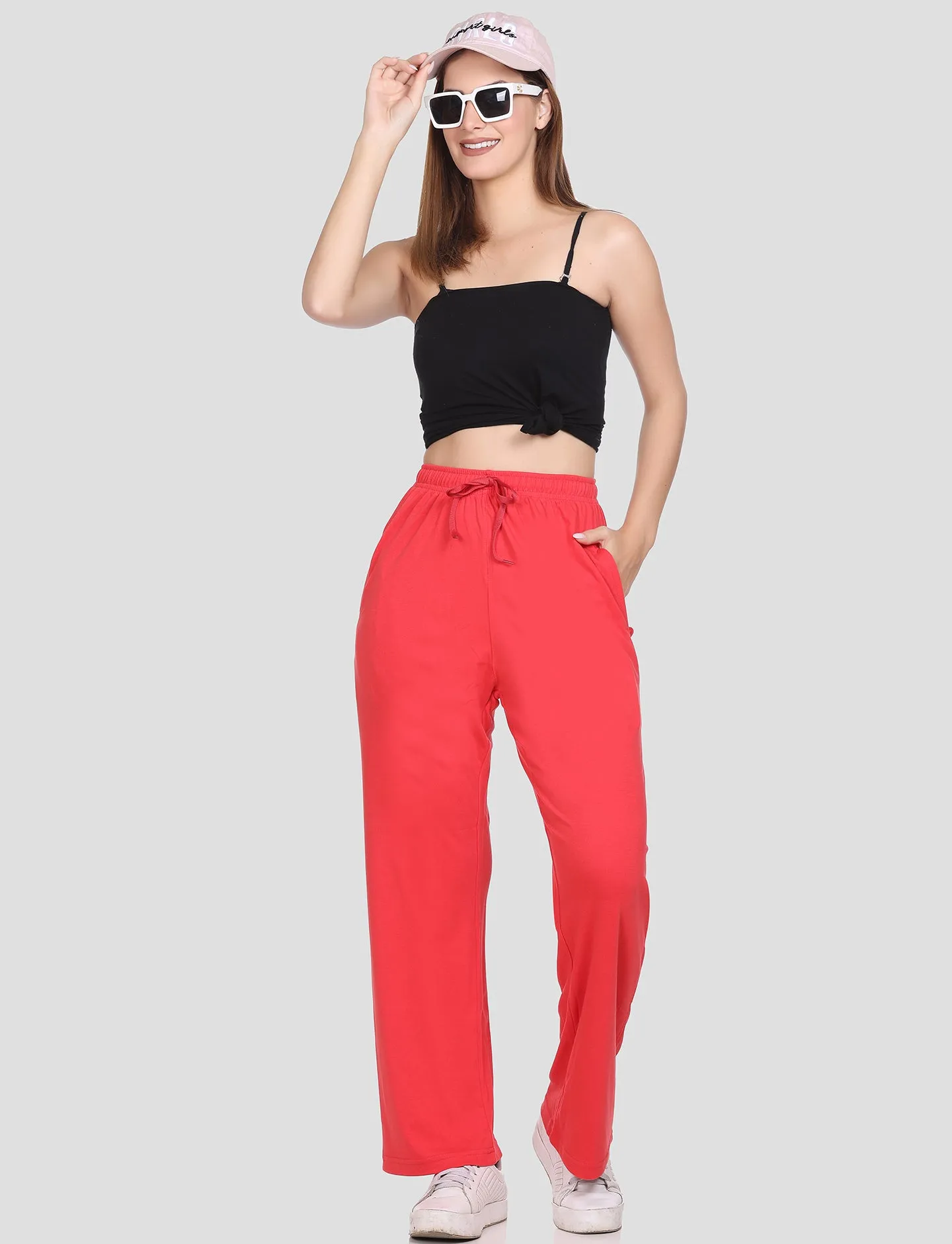 High Rise Cotton Straight Crimson Red Trackpants