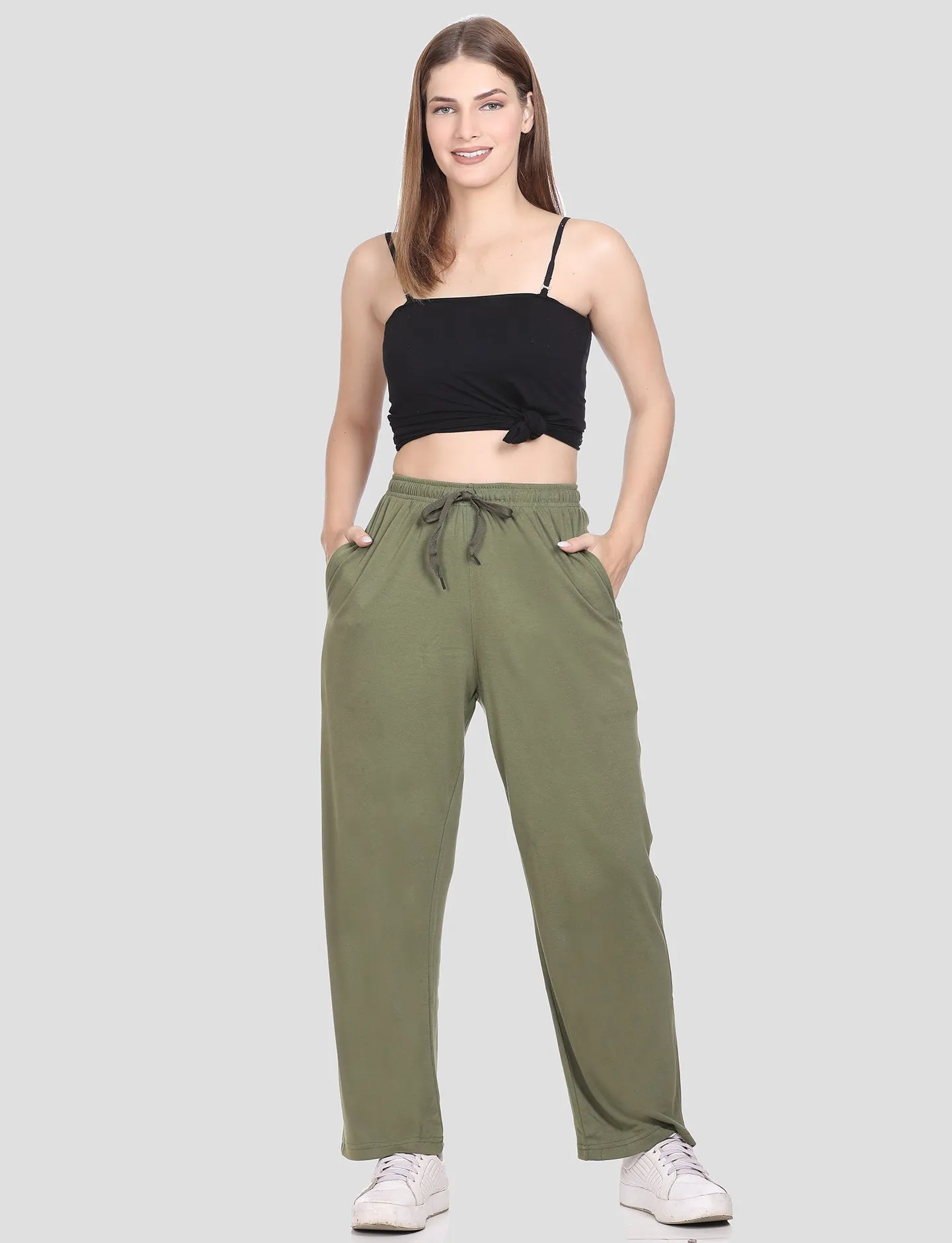 High Rise Cotton Straight Fern Green Trackpants