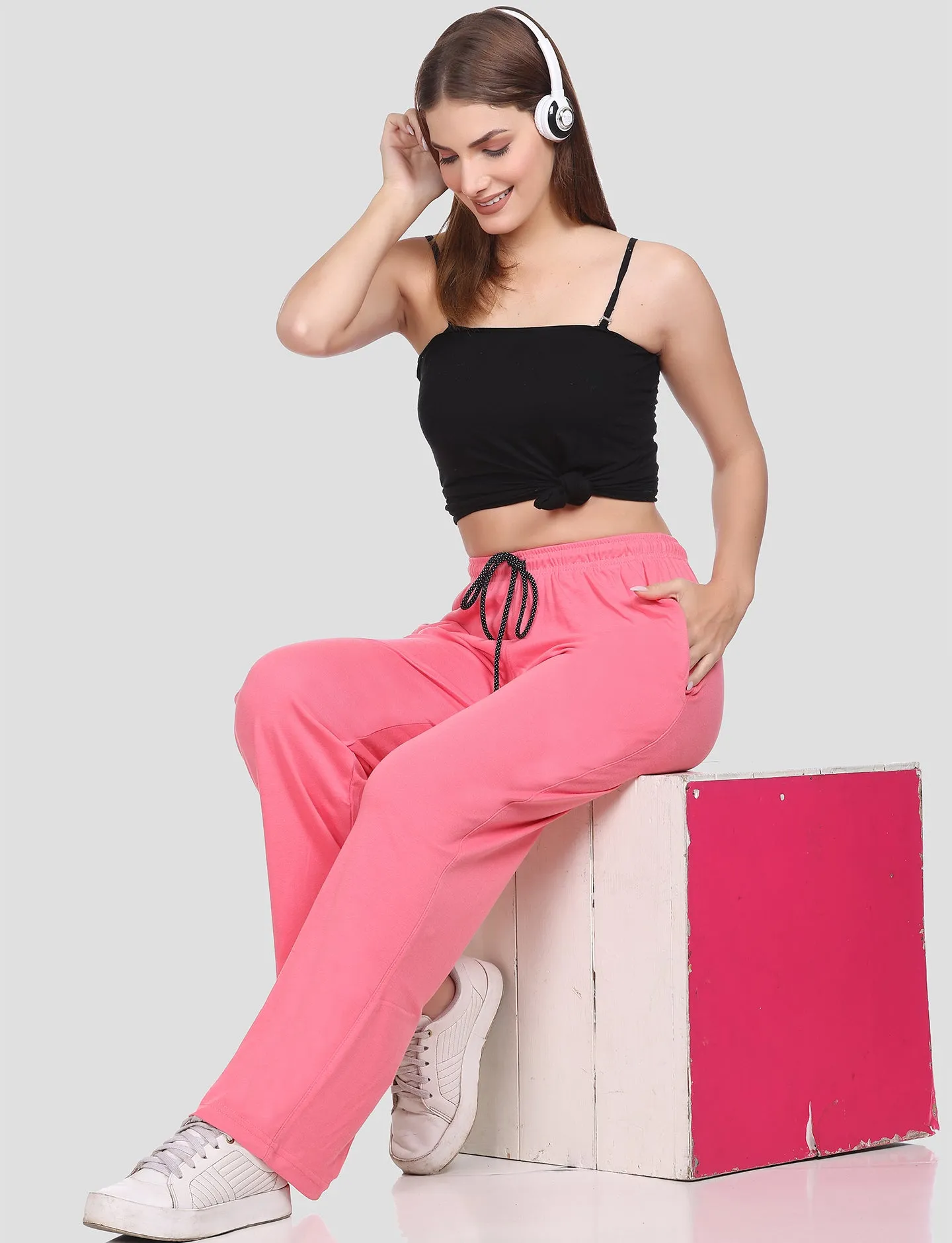 High Rise Cotton Straight Flame Pink Trackpants