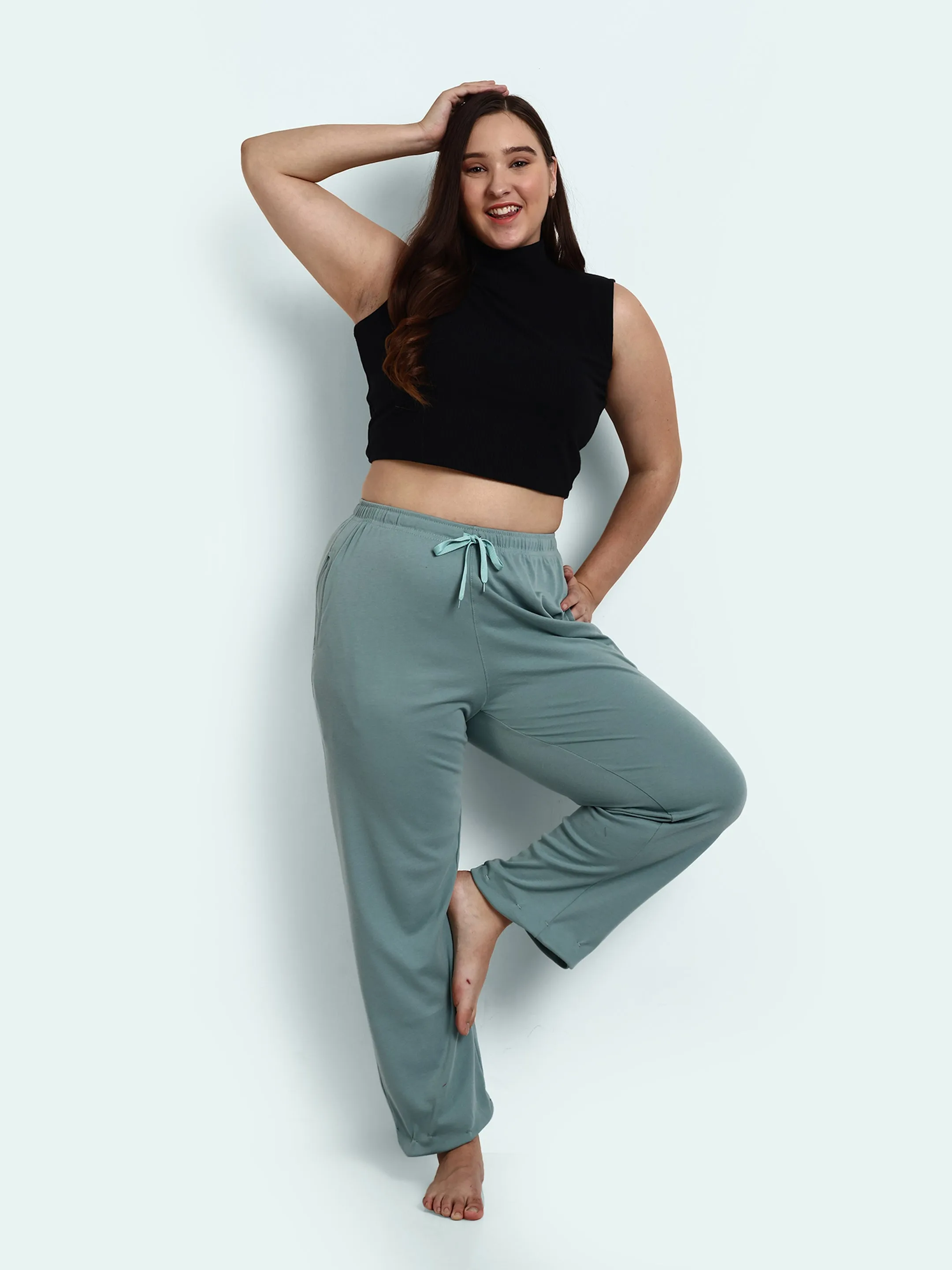 High Rise Cotton Straight Sage Trackpants(Available in Plus Size)