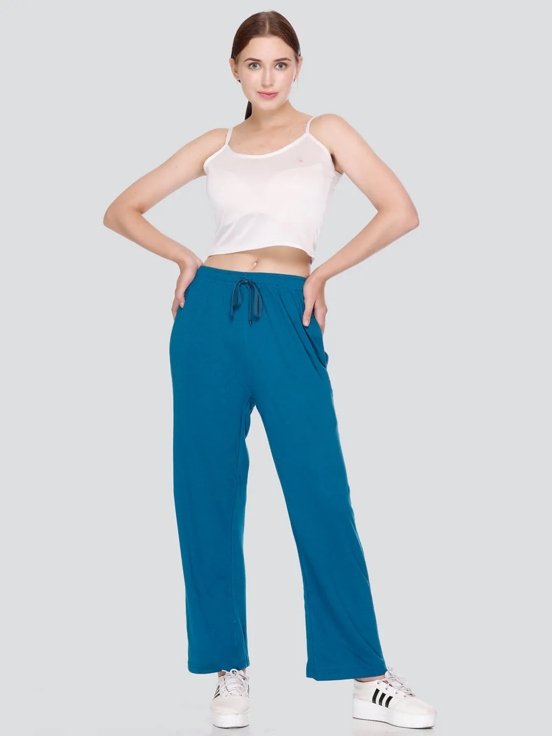 High Rise Cotton Straight Teal Blue Trackpants