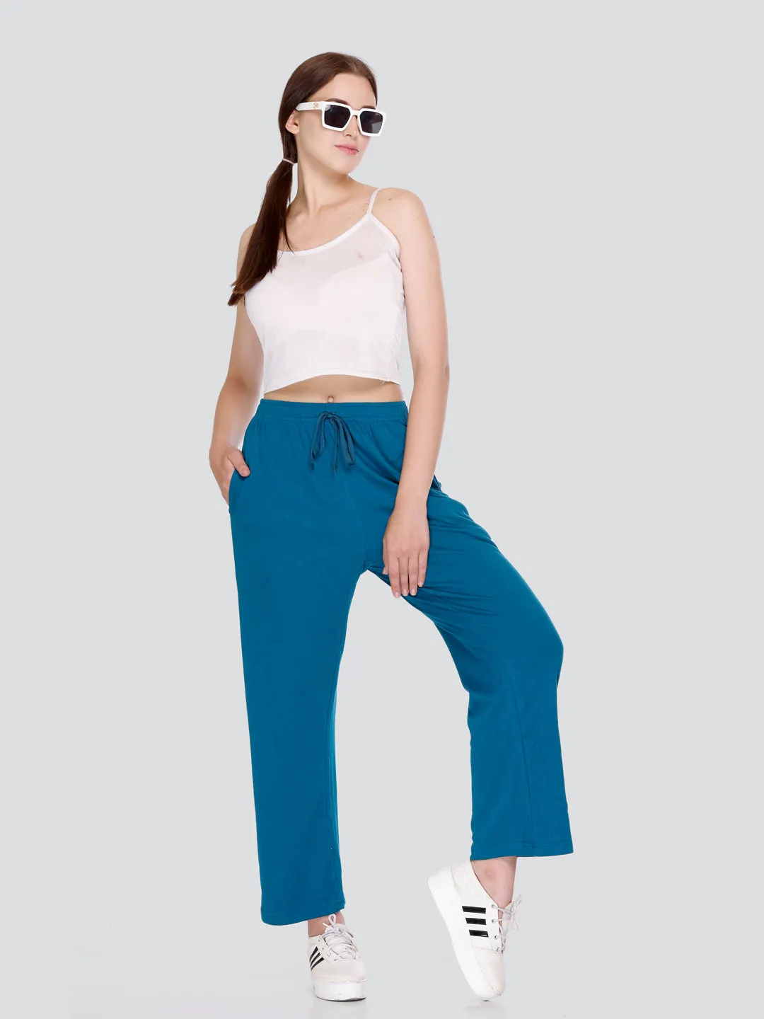 High Rise Cotton Straight Teal Blue Trackpants