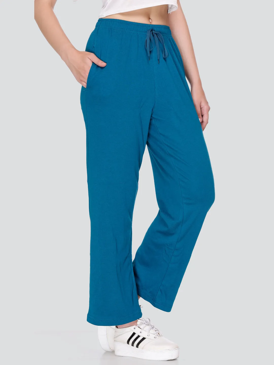 High Rise Cotton Straight Teal Blue Trackpants