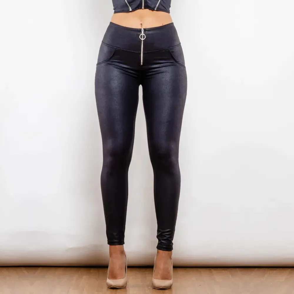 High Waist Crackle Black Coated Lifting Pants Ring Zipper