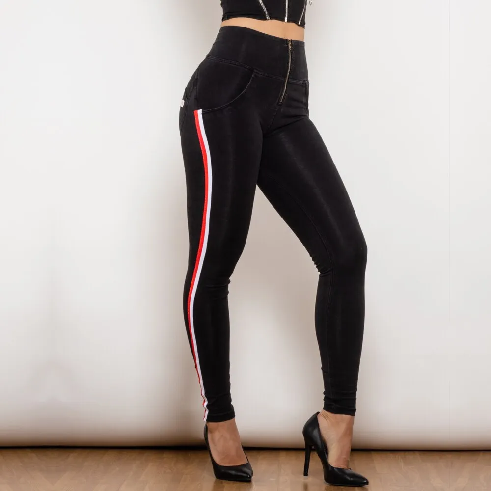 High Waist Dark Thread Black Jeans with Stripe