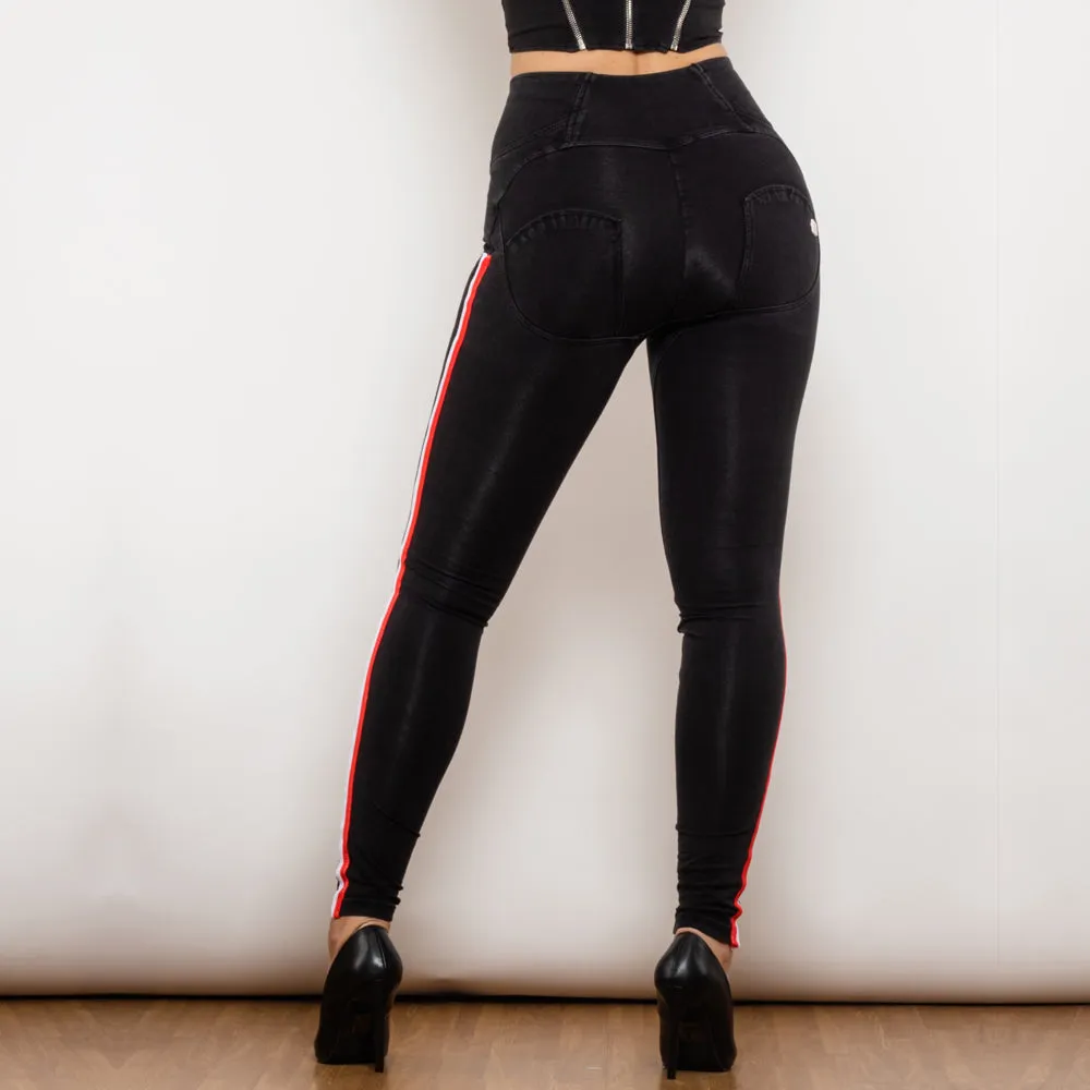 High Waist Dark Thread Black Jeans with Stripe