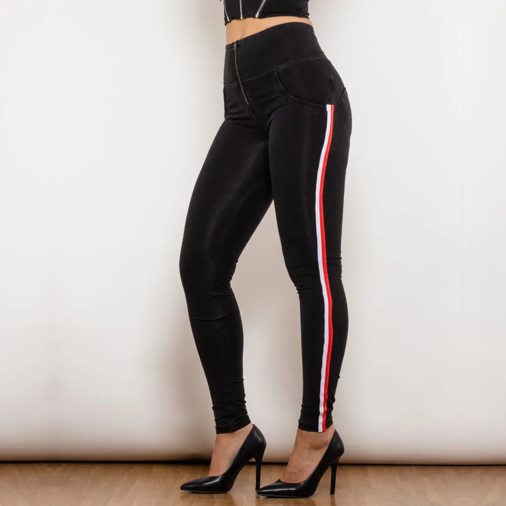 High Waist Dark Thread Black Jeans with Stripe