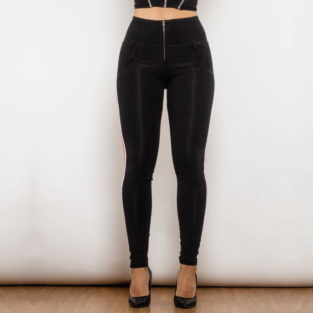 High Waist Dark Thread Black Jeans with Stripe