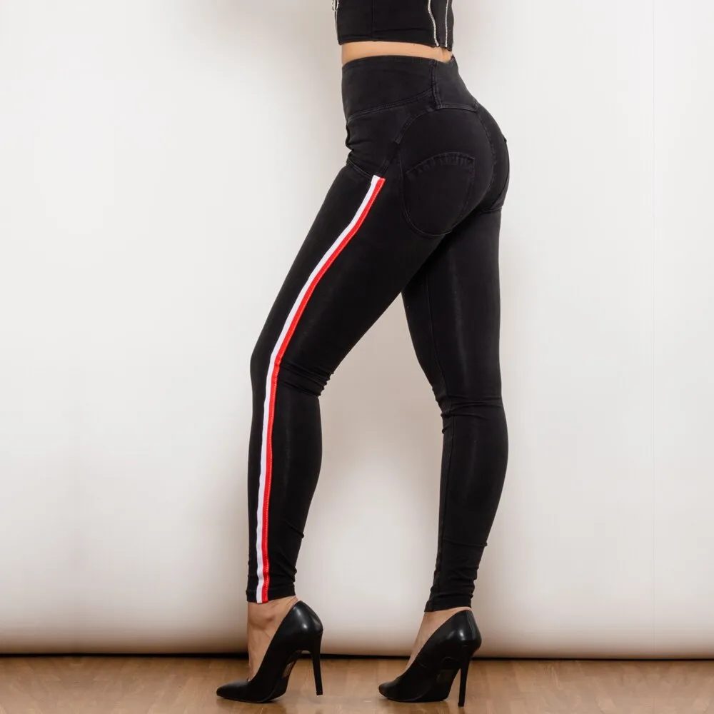 High Waist Dark Thread Black Jeans with Stripe