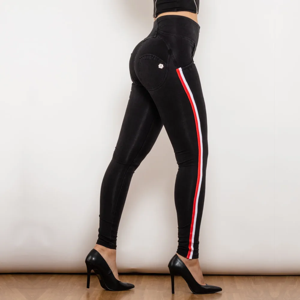 High Waist Dark Thread Black Jeans with Stripe