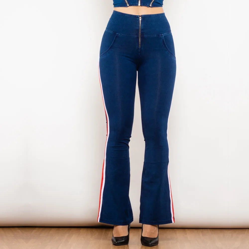 High Waist Dark Thread Dark Blue Flare Jeans with Stripe