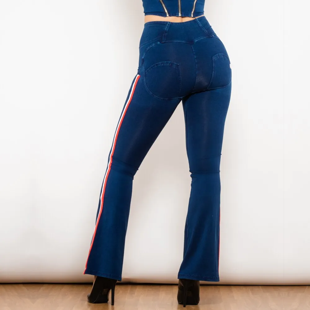 High Waist Dark Thread Dark Blue Flare Jeans with Stripe