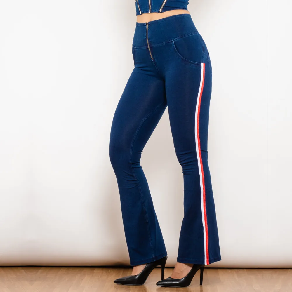 High Waist Dark Thread Dark Blue Flare Jeans with Stripe