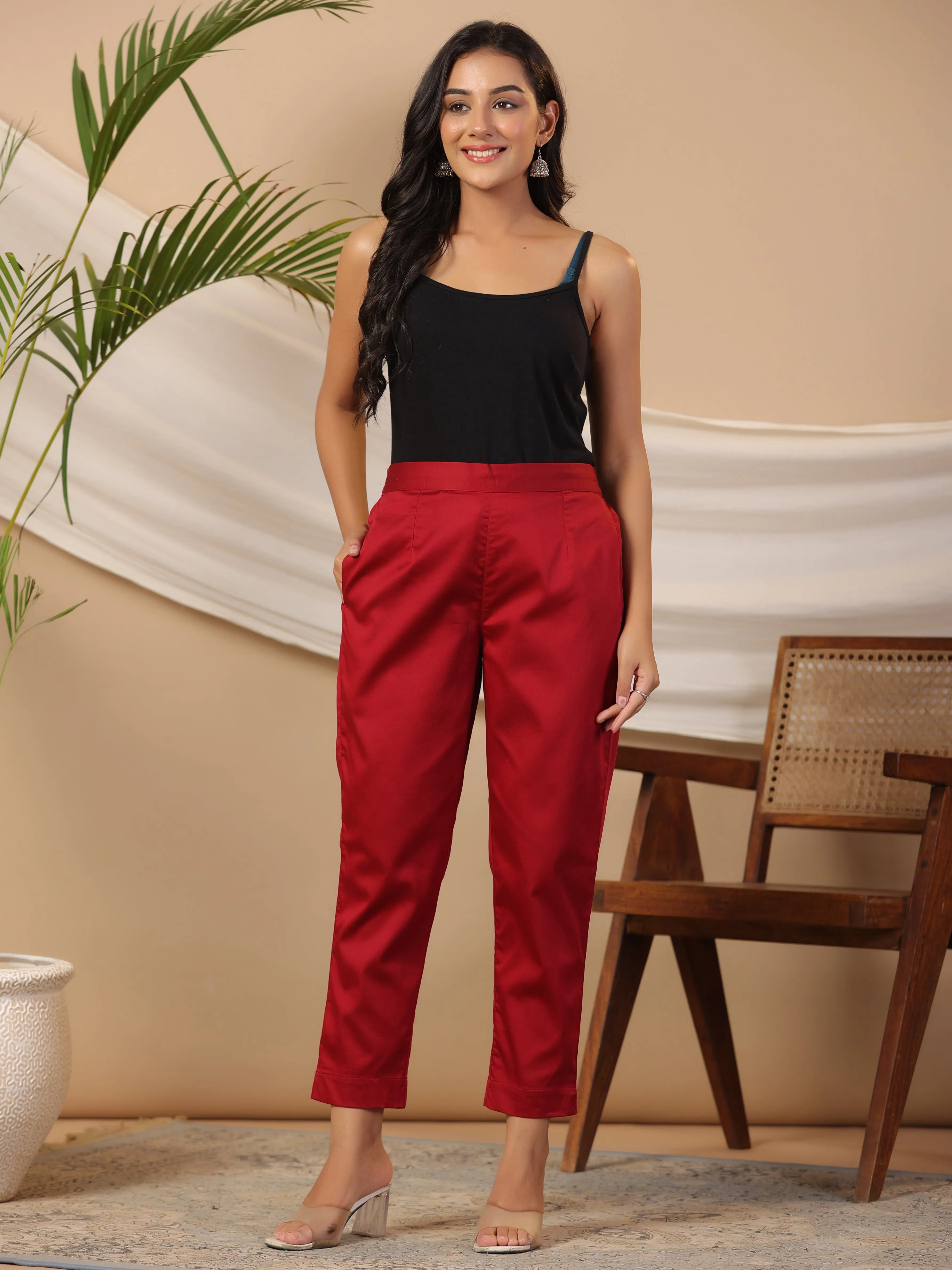 Juniper Maroon Solid Lycra Women Drawstring Pants With Single Side Pocket