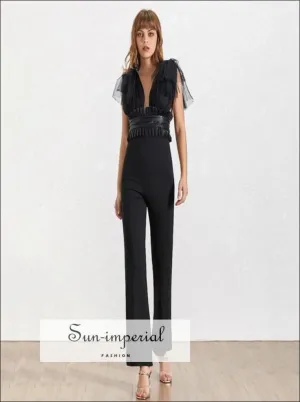 Le Havre Jumpsuit -women Solid Black and White Vintage Mesh Tie Strap Deep V Neck Sleeveless High